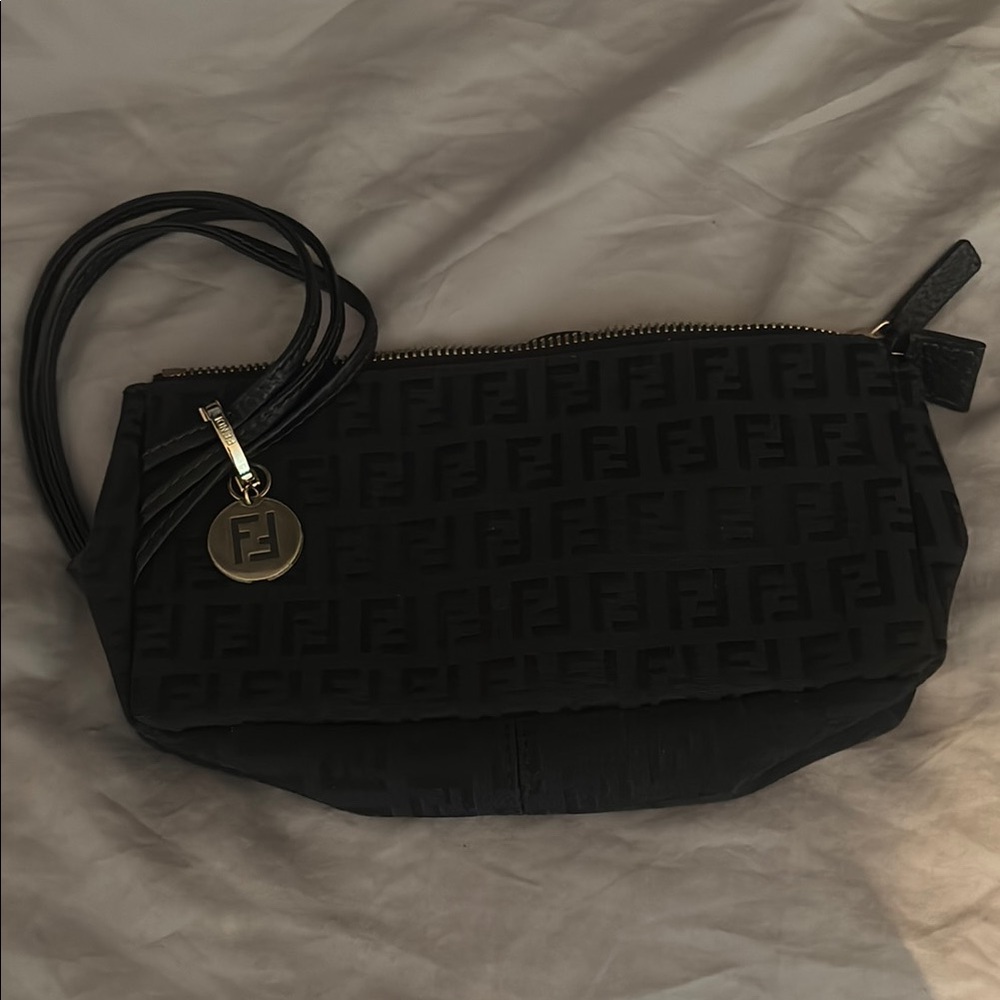 Fendi Black Clutch with Textured Fabric and Zipper Closure
